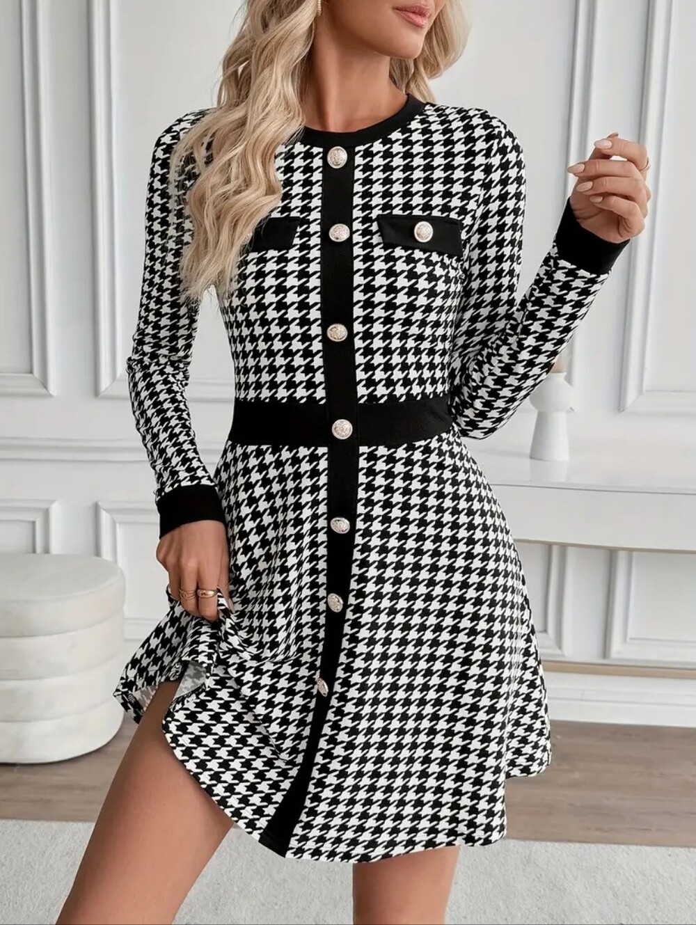 Sharagano black white houndstooth sweater knit knitted dress pearl buttons S new